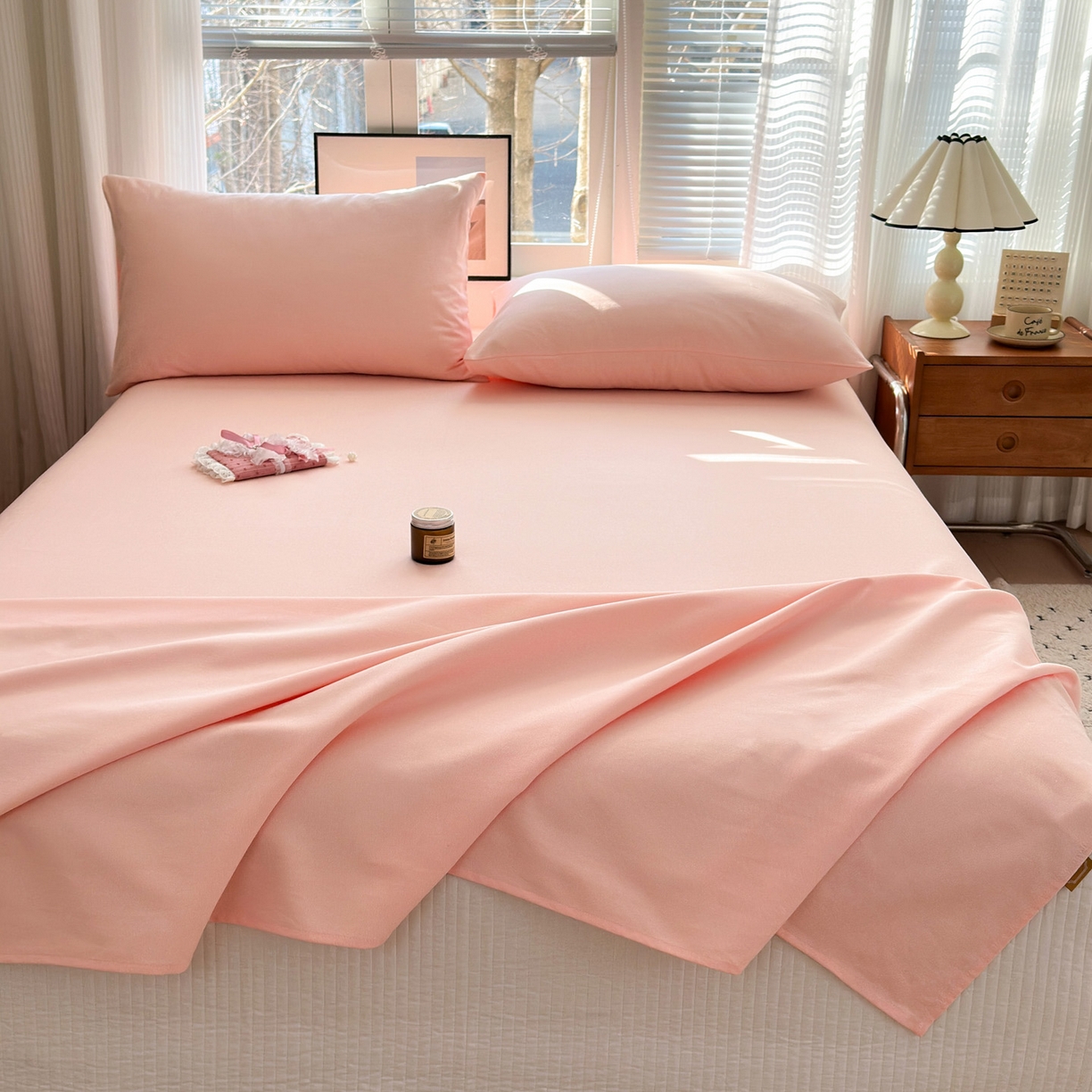 91家纺网 家纺一手货源 找家纺 女子家纺 2026新款全棉老粗布床单 樱桃粉