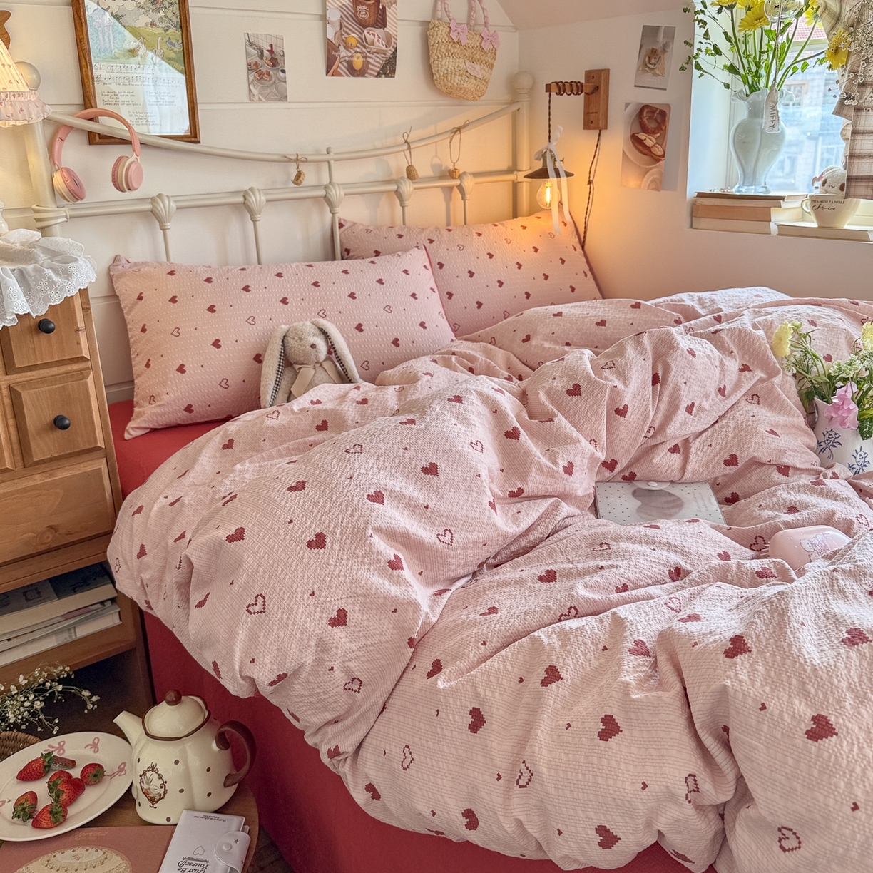 91家纺网 家纺一手货源 找家纺 初念 2026新款A类高品质110克超柔泡芙纱四件套 朦胧粉心