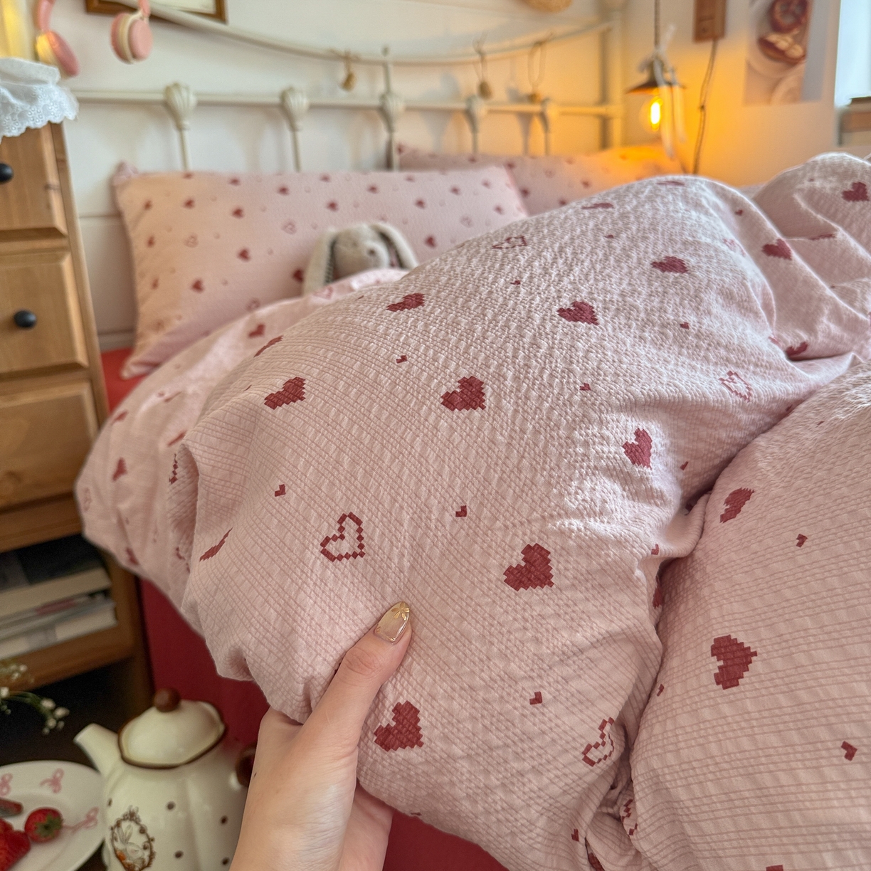 91家纺网 家纺一手货源 找家纺 初念 2026新款A类高品质110克超柔泡芙纱四件套 朦胧粉心