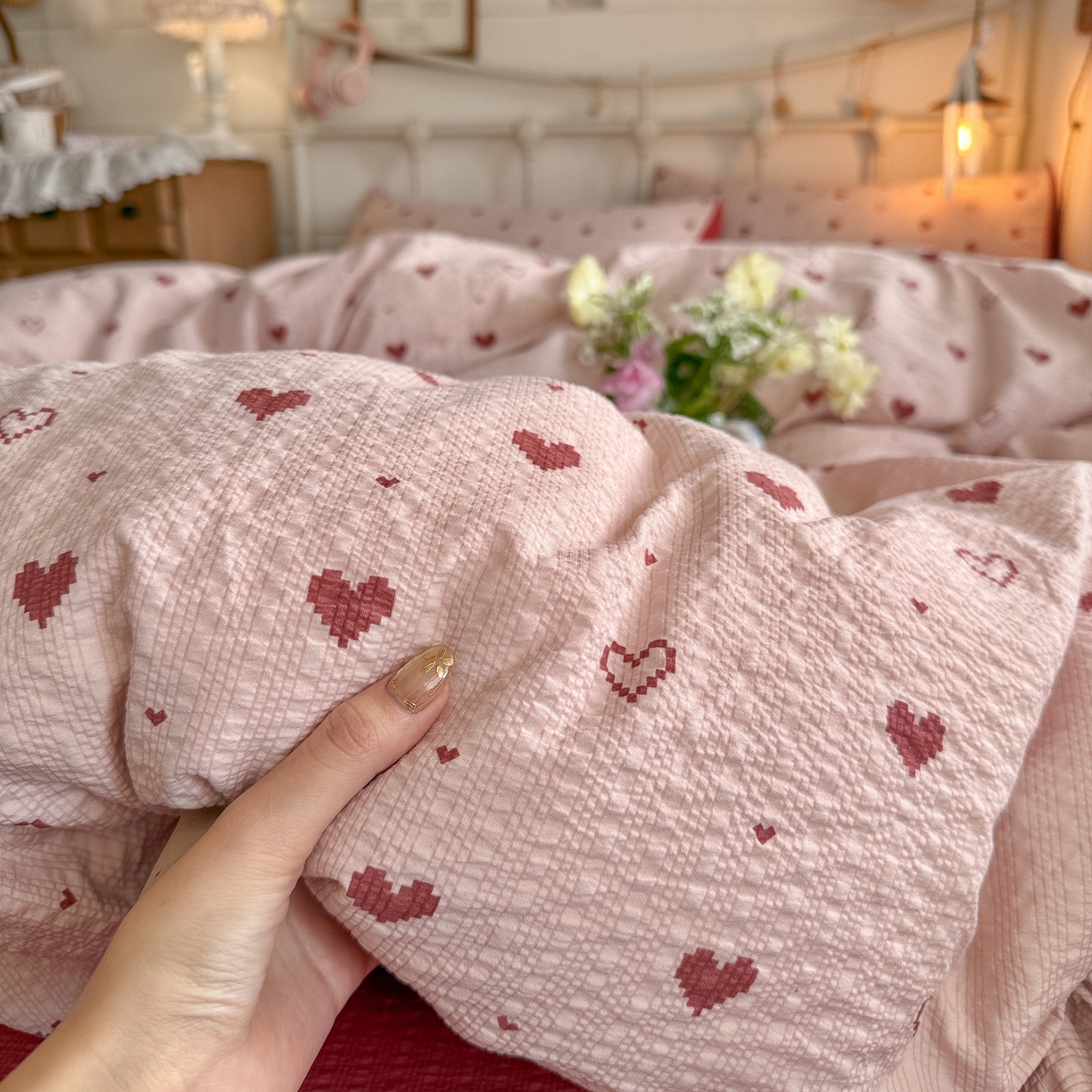 91家纺网 家纺一手货源 找家纺 初念 2026新款A类高品质110克超柔泡芙纱四件套 朦胧粉心