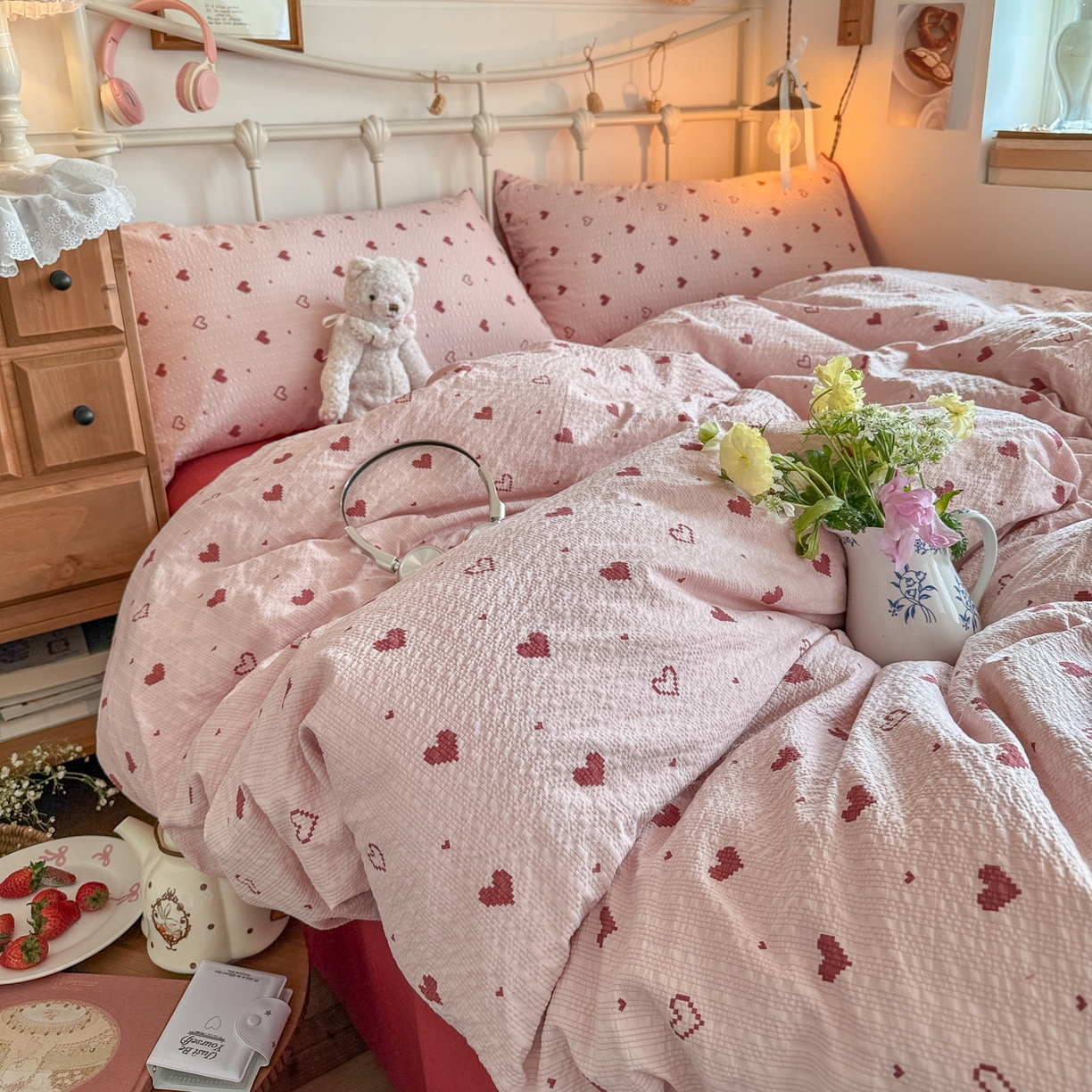 91家纺网 家纺一手货源 找家纺 初念 2026新款A类高品质110克超柔泡芙纱四件套 朦胧粉心