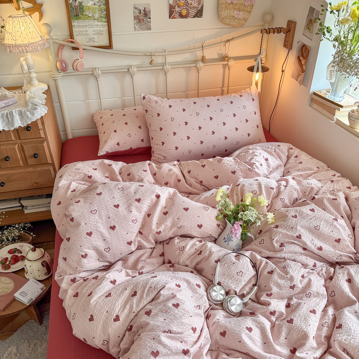 91家纺网 家纺一手货源 找家纺 初念 2026新款A类高品质110克超柔泡芙纱四件套 朦胧粉心