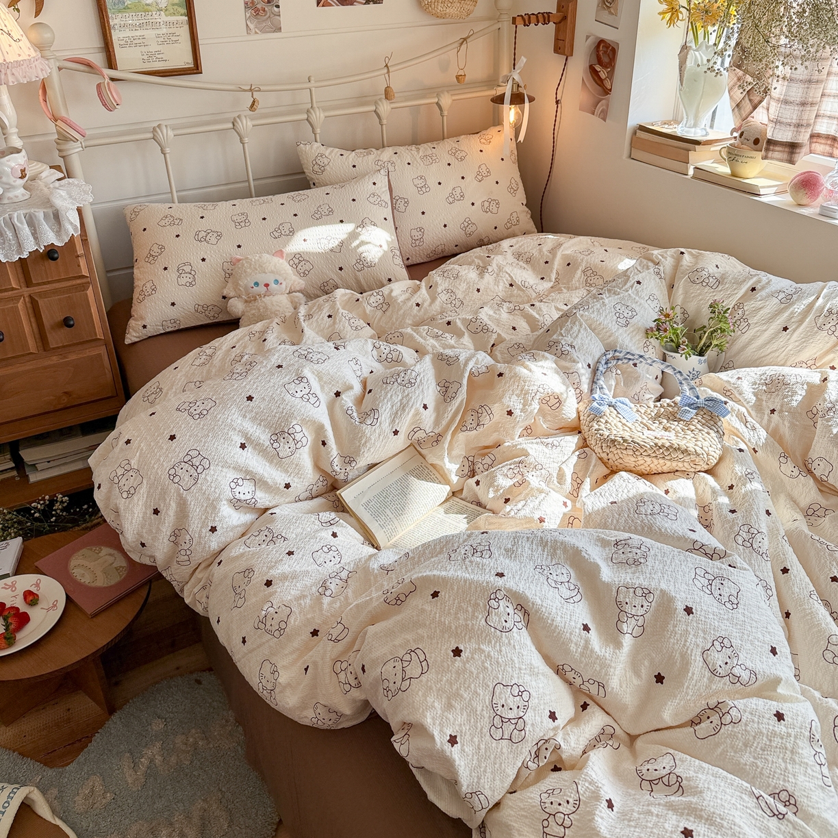 91家纺网 家纺一手货源 找家纺 初念 2026新款A类高品质110克超柔泡芙纱四件套 描线小猫