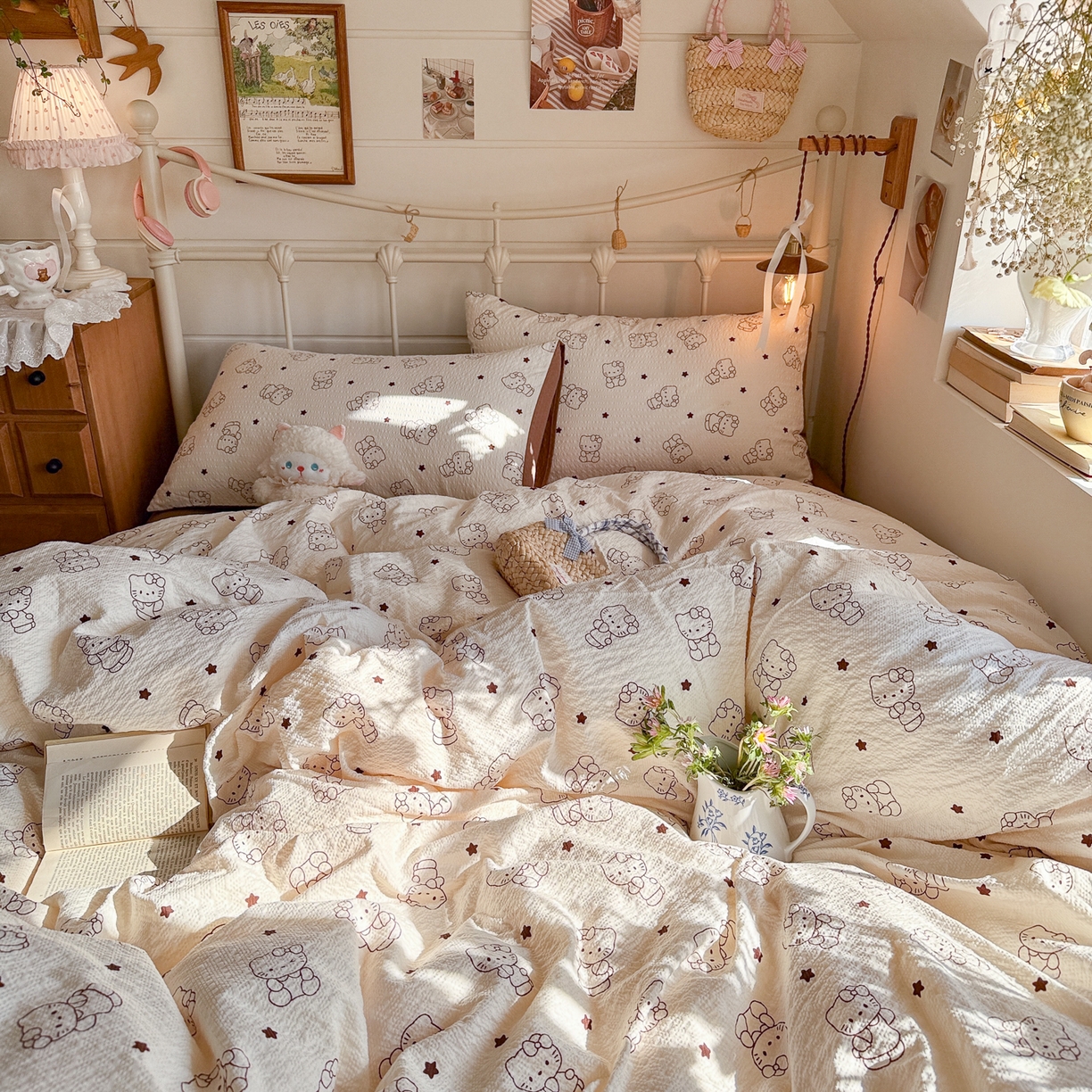 91家纺网 家纺一手货源 找家纺 初念 2026新款A类高品质110克超柔泡芙纱四件套 描线小猫