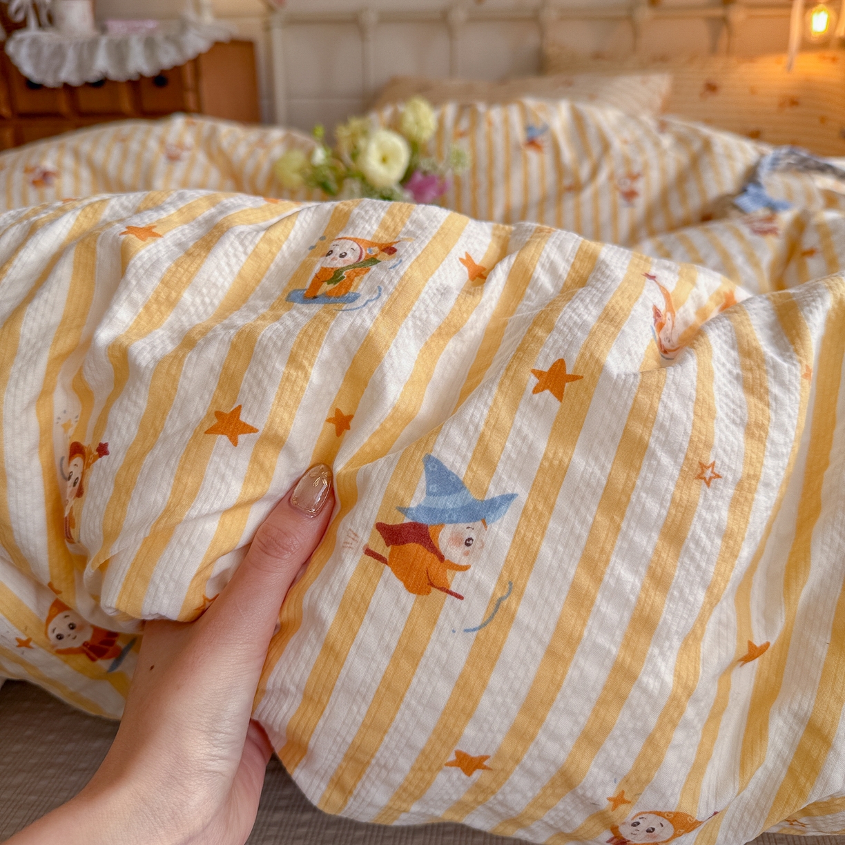 91家纺网 家纺一手货源 找家纺 初念 2026新款A类高品质110克超柔泡芙纱四件套 魔法星星