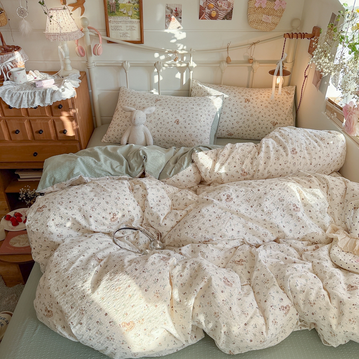 91家纺网 家纺一手货源 找家纺 初念 2026新款A类高品质110克超柔泡芙纱四件套 木马小花团