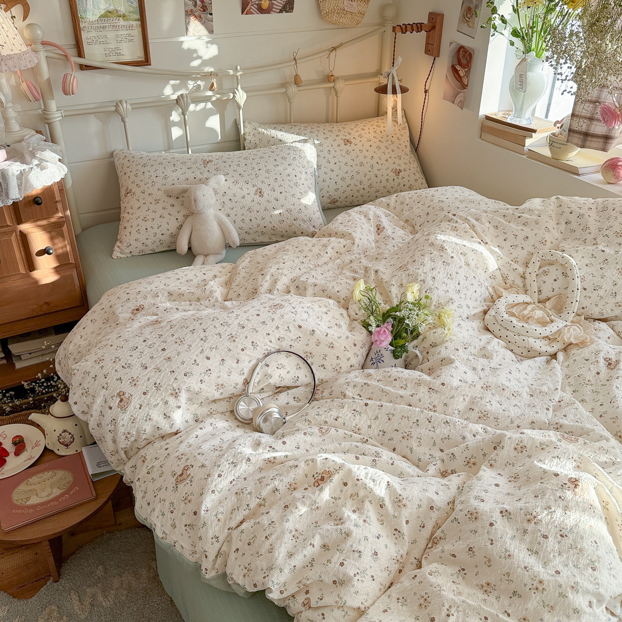 91家纺网 家纺一手货源 找家纺 初念 2026新款A类高品质110克超柔泡芙纱四件套 木马小花团