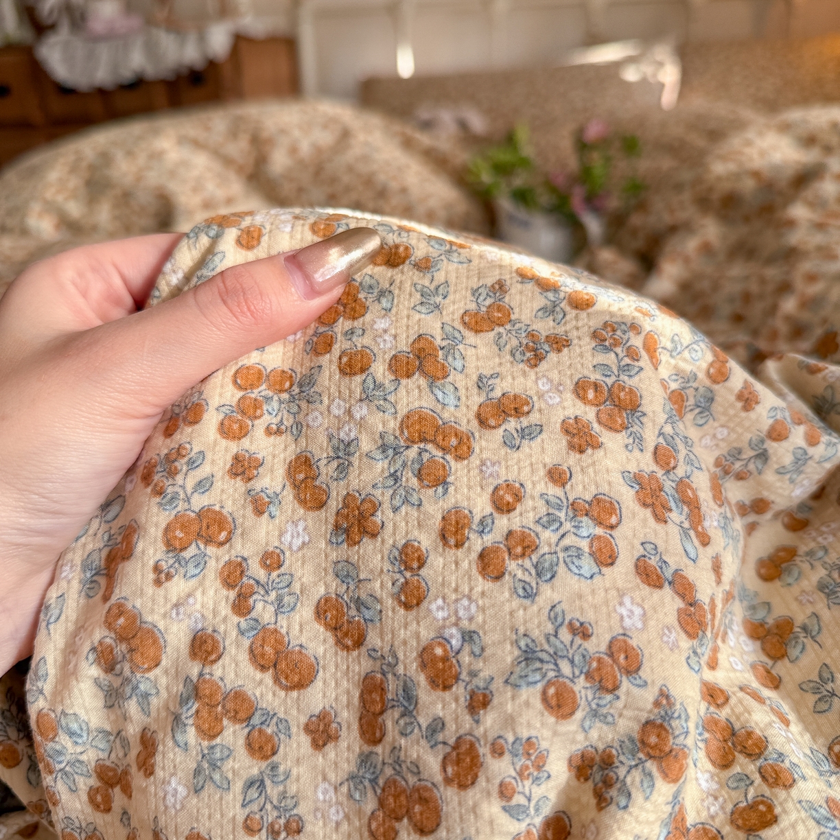 91家纺网 家纺一手货源 找家纺 初念 2026新款A类高品质110克超柔泡芙纱四件套 暖橘枝