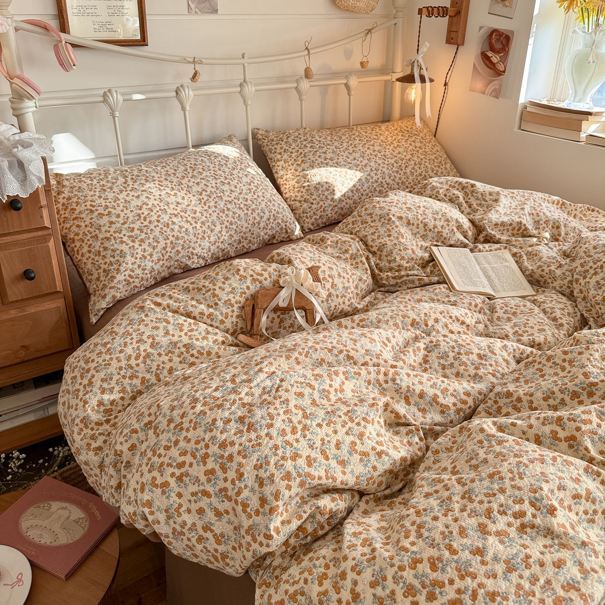 91家纺网 家纺一手货源 找家纺 初念 2026新款A类高品质110克超柔泡芙纱四件套 暖橘枝