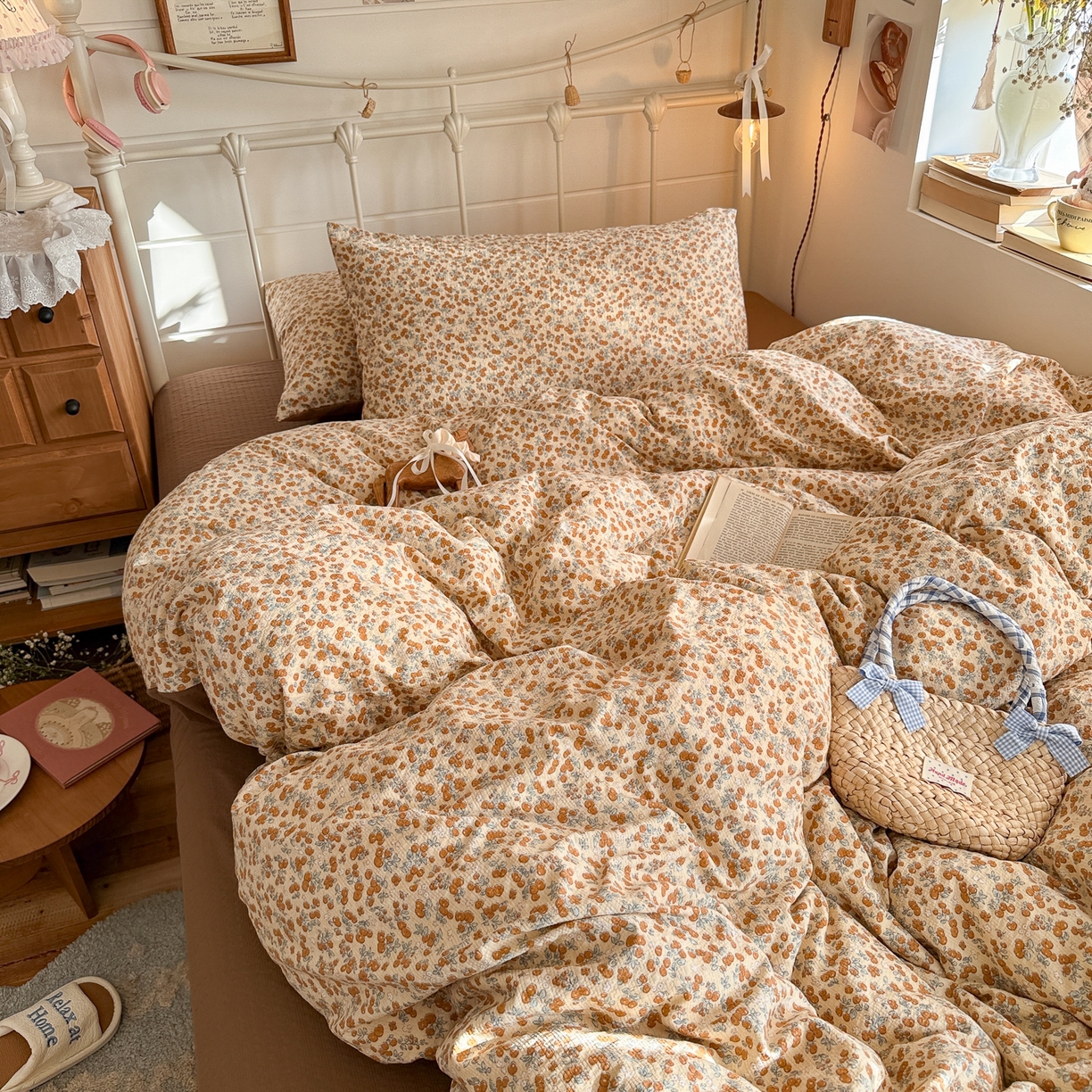 91家纺网 家纺一手货源 找家纺 初念 2026新款A类高品质110克超柔泡芙纱四件套 暖橘枝