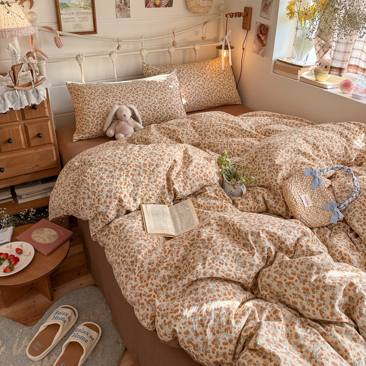 91家纺网 家纺一手货源 找家纺 初念 2026新款A类高品质110克超柔泡芙纱四件套 暖橘枝