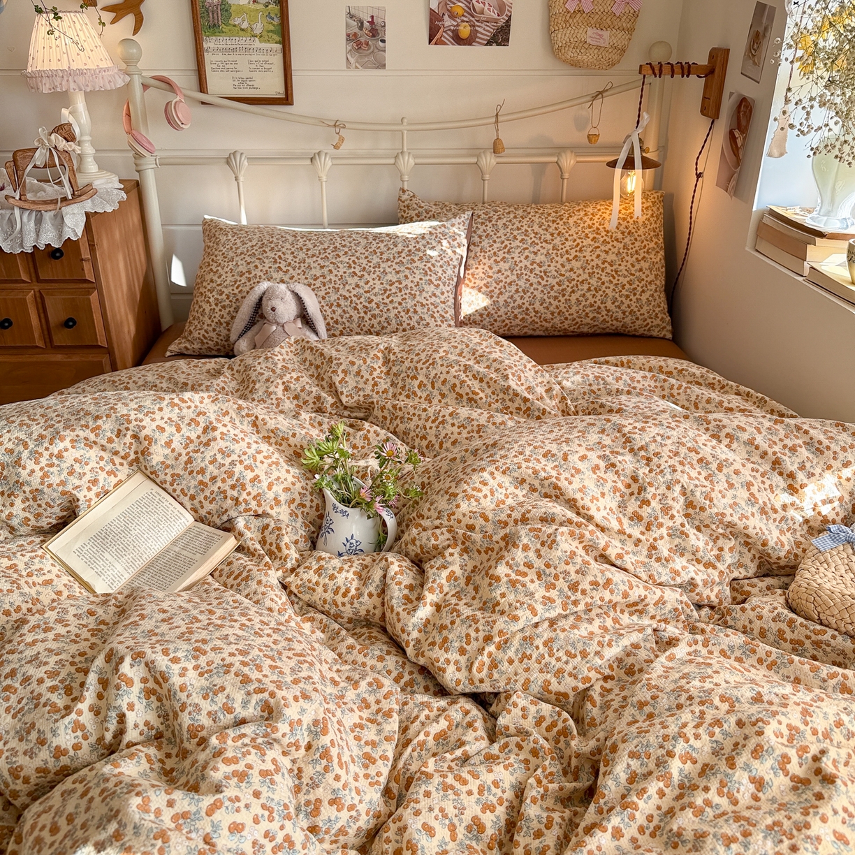 91家纺网 家纺一手货源 找家纺 初念 2026新款A类高品质110克超柔泡芙纱四件套 暖橘枝