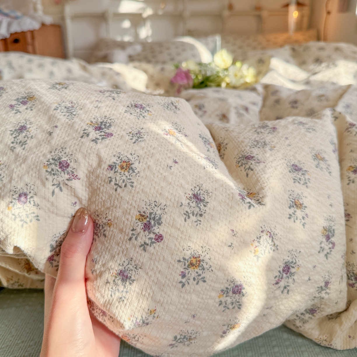 91家纺网 家纺一手货源 找家纺 初念 2026新款A类高品质110克超柔泡芙纱四件套 柔花