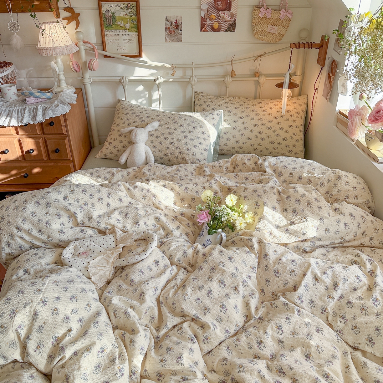 91家纺网 家纺一手货源 找家纺 初念 2026新款A类高品质110克超柔泡芙纱四件套 柔花