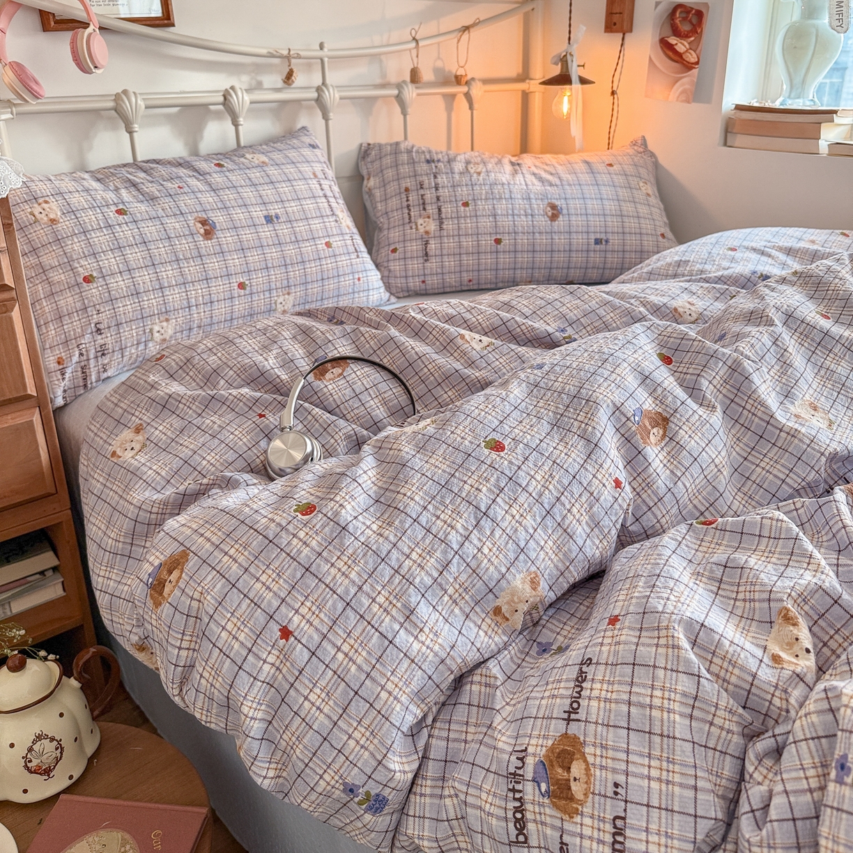 91家纺网 家纺一手货源 找家纺 初念 2026新款A类高品质110克超柔泡芙纱四件套 四季狗