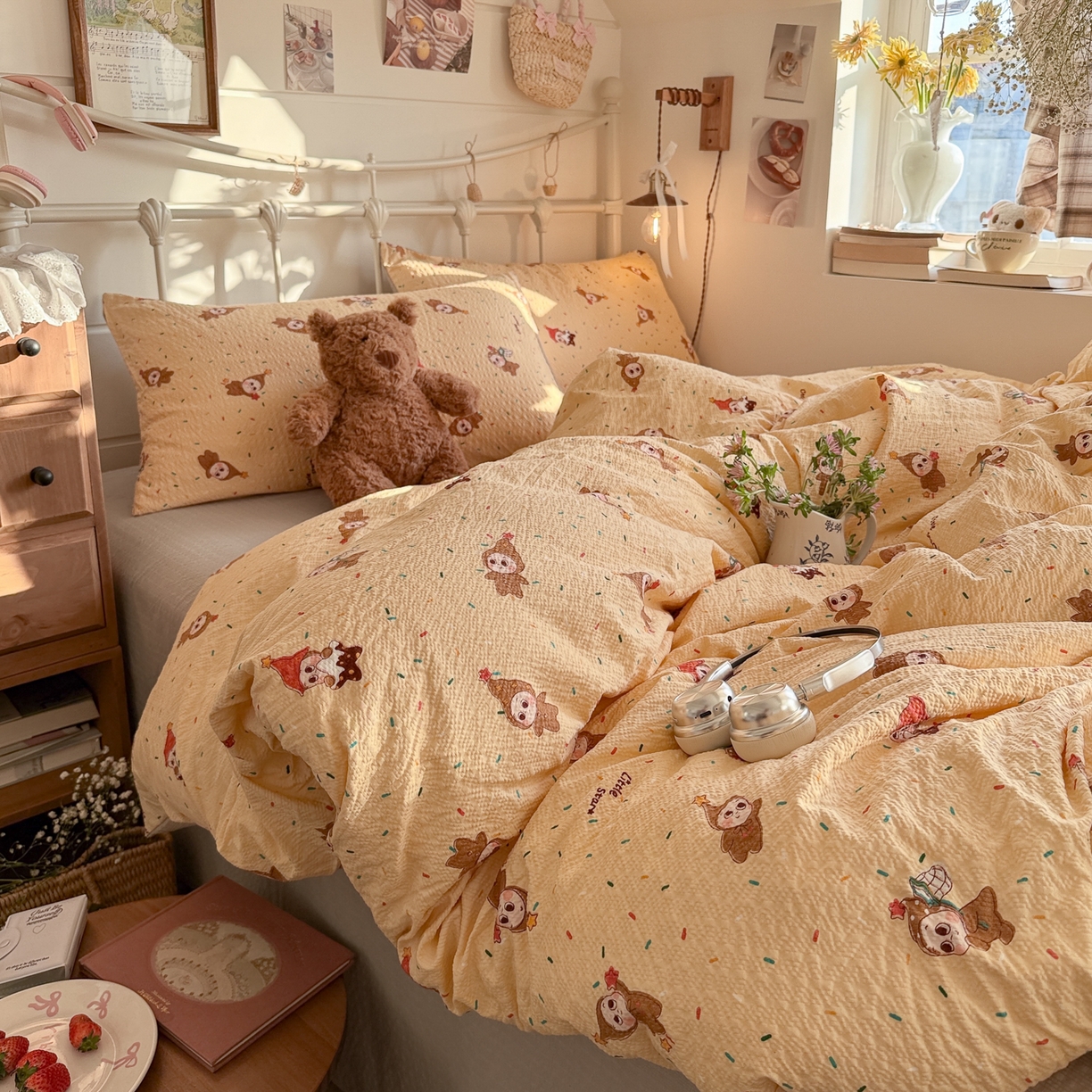 91家纺网 家纺一手货源 找家纺 初念 2026新款A类高品质110克超柔泡芙纱四件套 糖豆星星