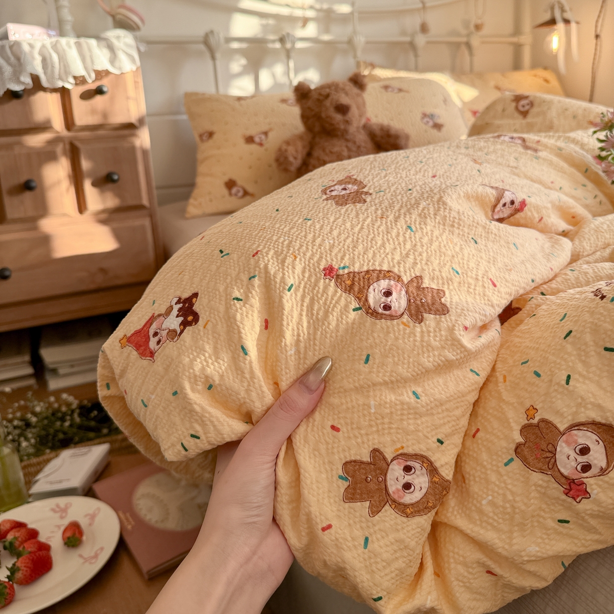 91家纺网 家纺一手货源 找家纺 初念 2026新款A类高品质110克超柔泡芙纱四件套 糖豆星星