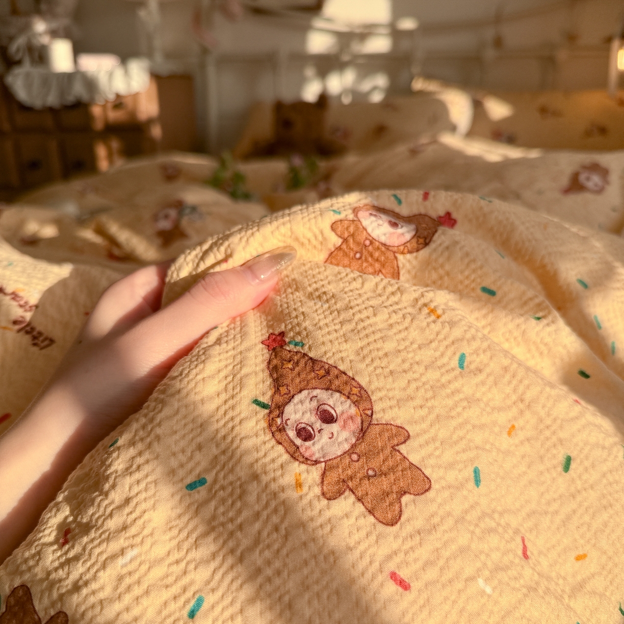 91家纺网 家纺一手货源 找家纺 初念 2026新款A类高品质110克超柔泡芙纱四件套 糖豆星星