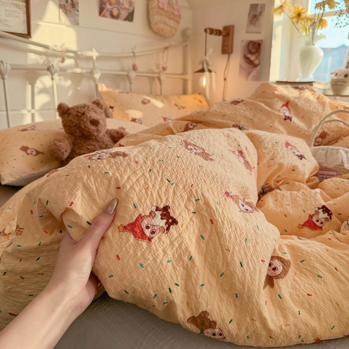 91家纺网 家纺一手货源 找家纺 初念 2026新款A类高品质110克超柔泡芙纱四件套 糖豆星星