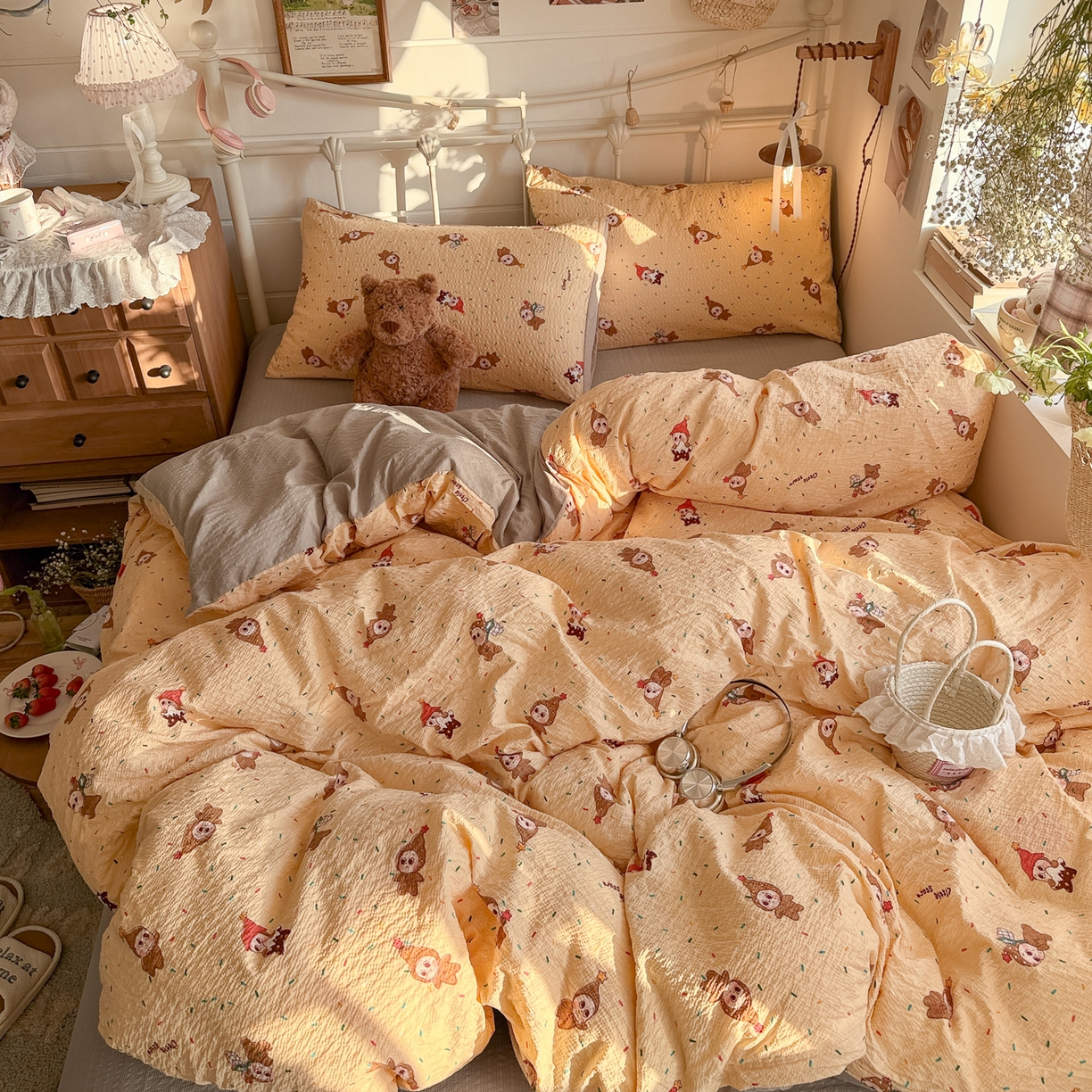 91家纺网 家纺一手货源 找家纺 初念 2026新款A类高品质110克超柔泡芙纱四件套 糖豆星星