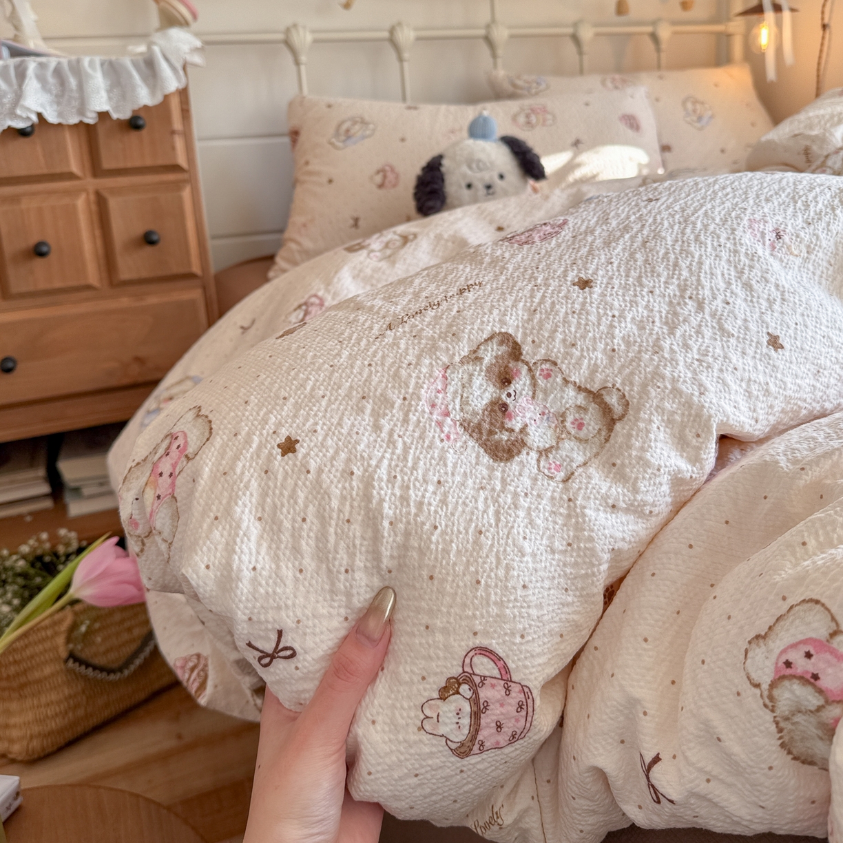 91家纺网 家纺一手货源 找家纺 初念 2026新款A类高品质110克超柔泡芙纱四件套 甜品萌狗