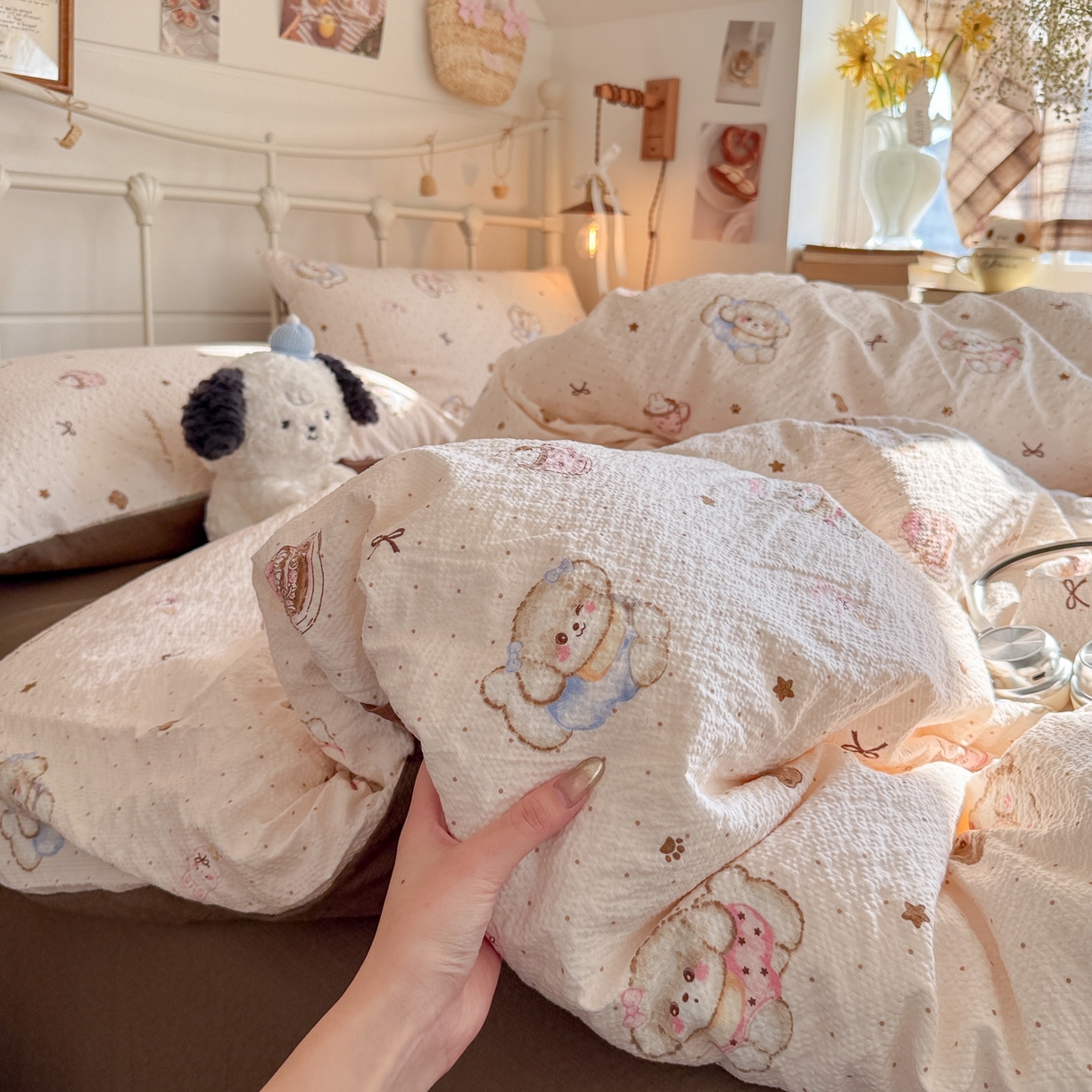 91家纺网 家纺一手货源 找家纺 初念 2026新款A类高品质110克超柔泡芙纱四件套 甜品萌狗