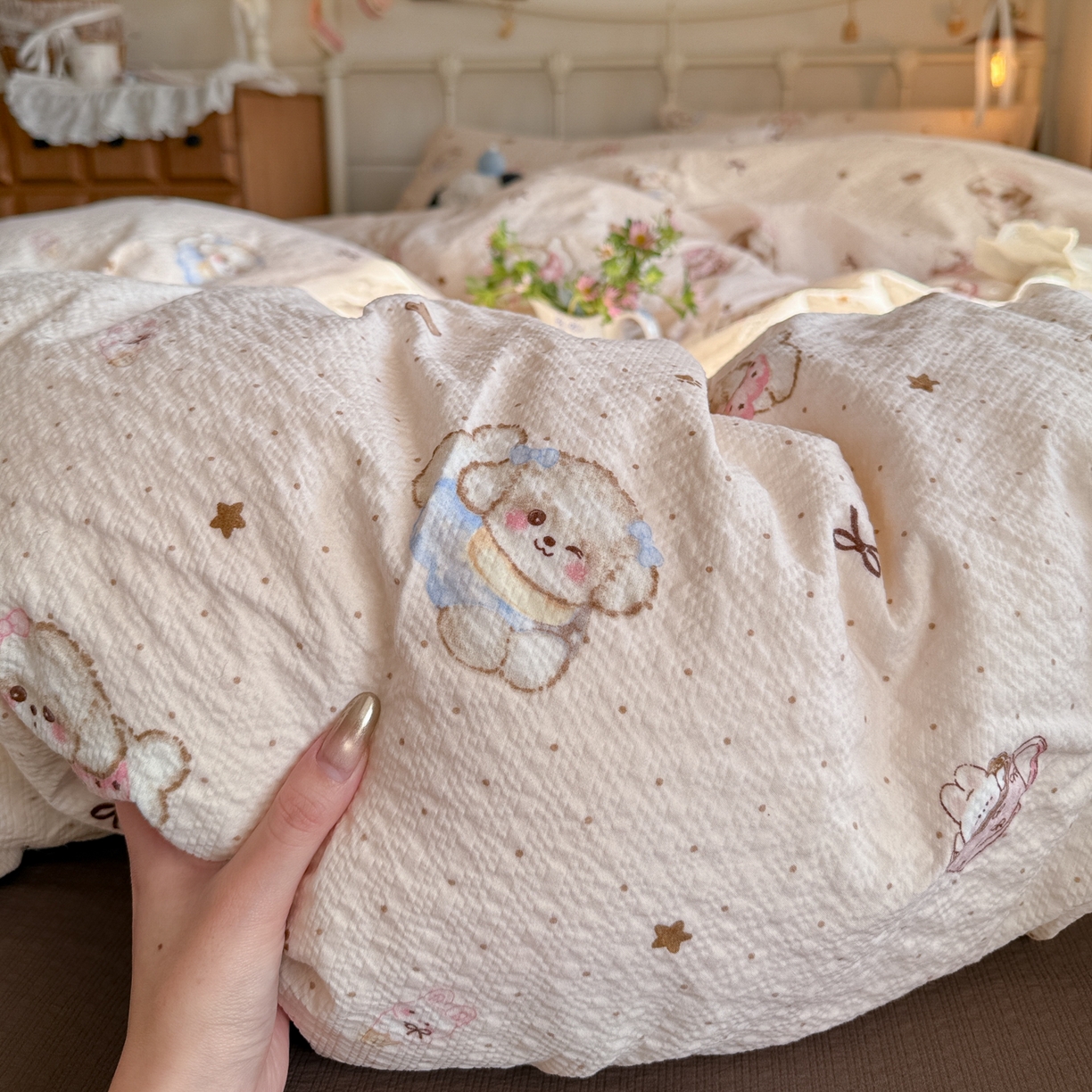 91家纺网 家纺一手货源 找家纺 初念 2026新款A类高品质110克超柔泡芙纱四件套 甜品萌狗