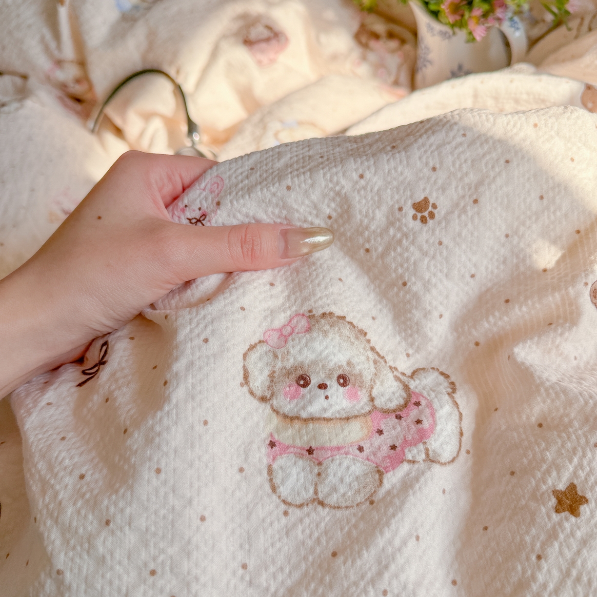 91家纺网 家纺一手货源 找家纺 初念 2026新款A类高品质110克超柔泡芙纱四件套 甜品萌狗