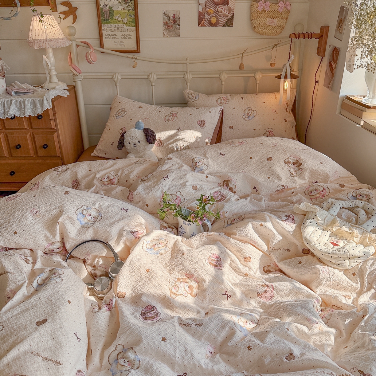 91家纺网 家纺一手货源 找家纺 初念 2026新款A类高品质110克超柔泡芙纱四件套 甜品萌狗