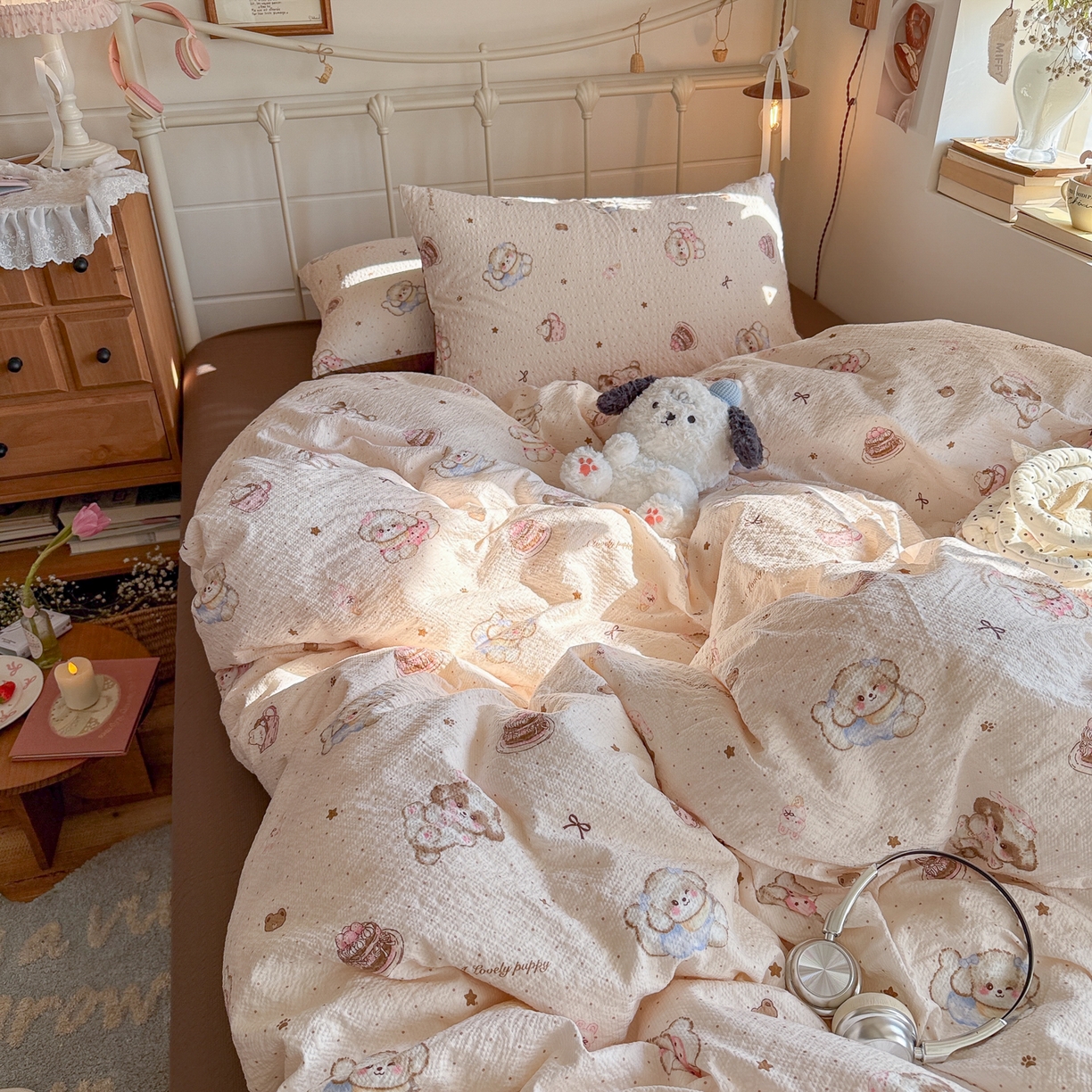 91家纺网 家纺一手货源 找家纺 初念 2026新款A类高品质110克超柔泡芙纱四件套 甜品萌狗