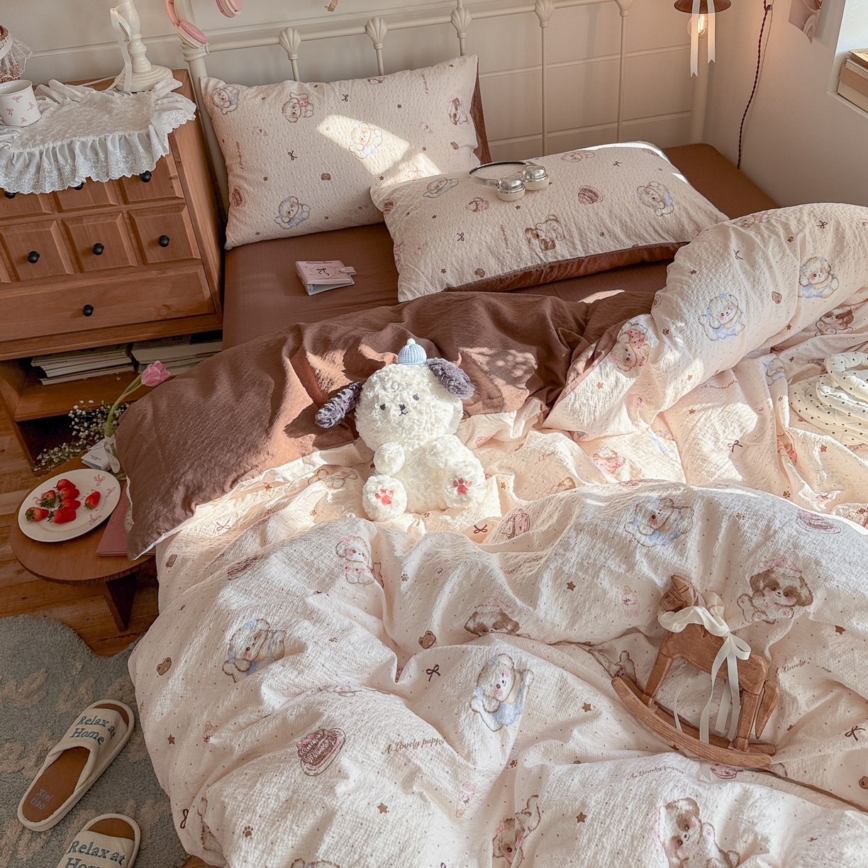 91家纺网 家纺一手货源 找家纺 初念 2026新款A类高品质110克超柔泡芙纱四件套 甜品萌狗