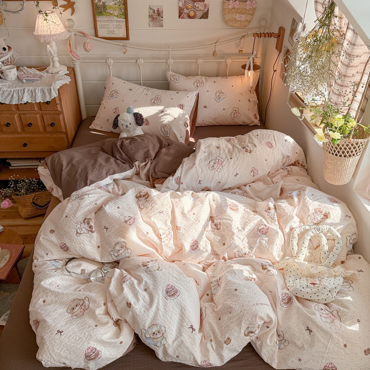 91家纺网 家纺一手货源 找家纺 初念 2026新款A类高品质110克超柔泡芙纱四件套 甜品萌狗