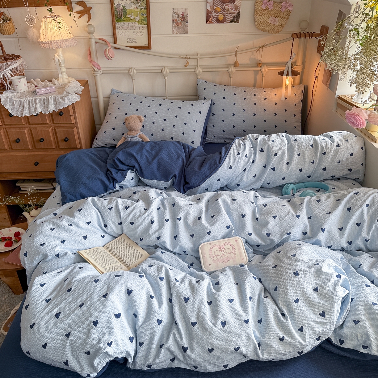 91家纺网 家纺一手货源 找家纺 初念 2026新款A类高品质110克超柔泡芙纱四件套 甜心蓝絮