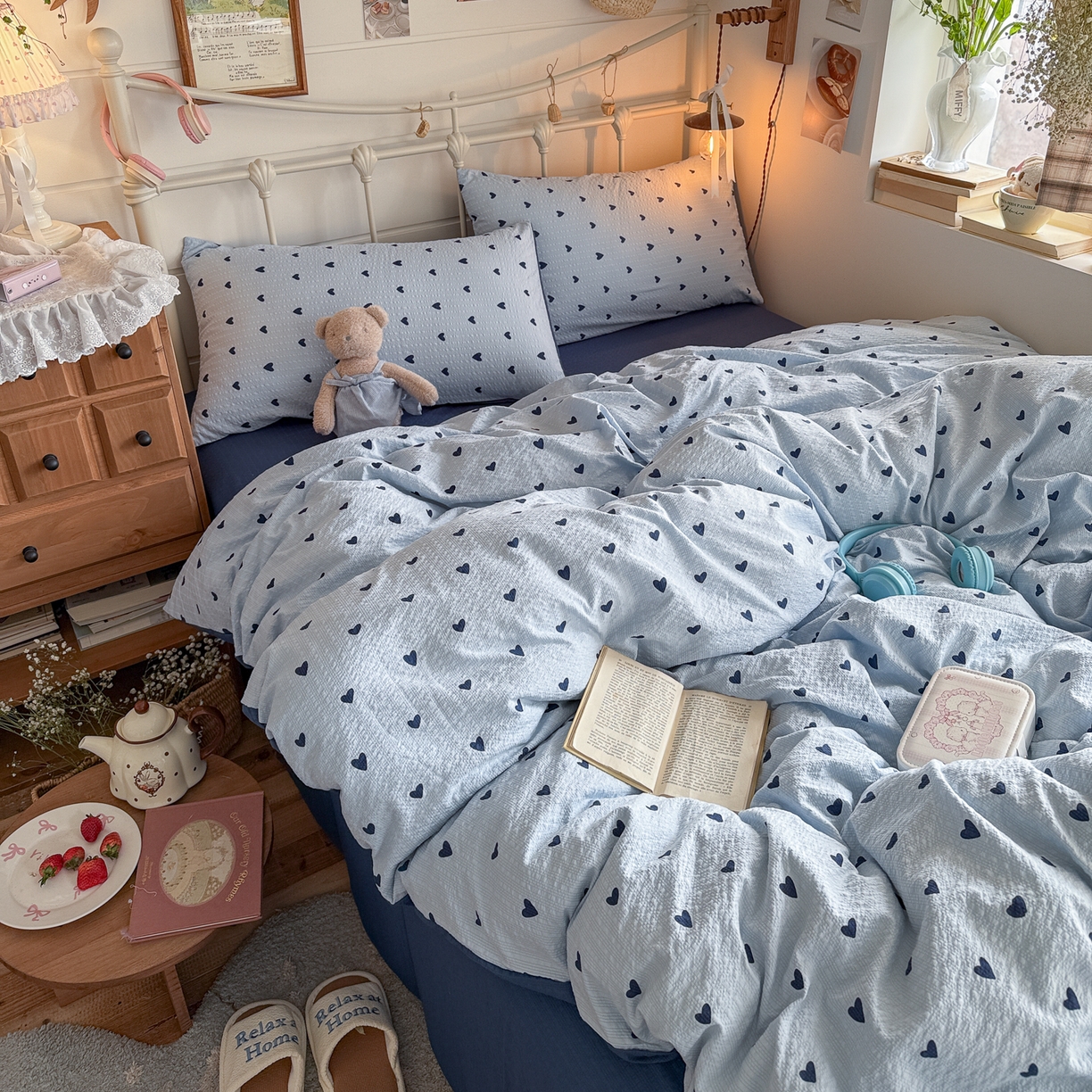 91家纺网 家纺一手货源 找家纺 初念 2026新款A类高品质110克超柔泡芙纱四件套 甜心蓝絮