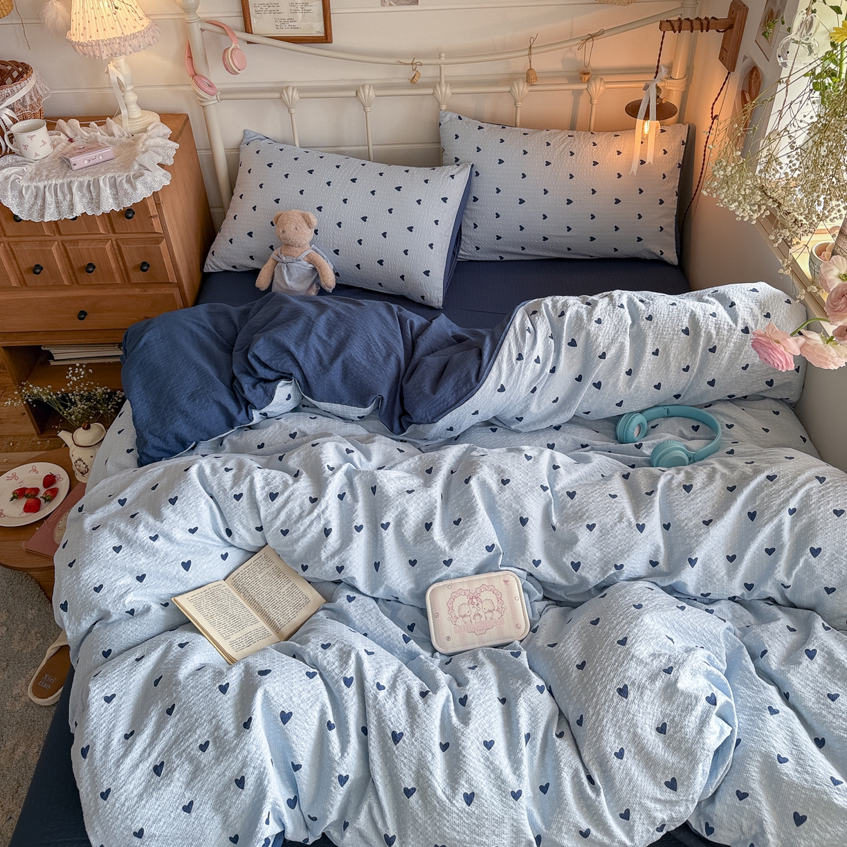 91家纺网 家纺一手货源 找家纺 初念 2026新款A类高品质110克超柔泡芙纱四件套 甜心蓝絮