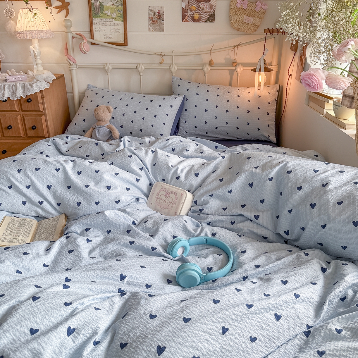 91家纺网 家纺一手货源 找家纺 初念 2026新款A类高品质110克超柔泡芙纱四件套 甜心蓝絮