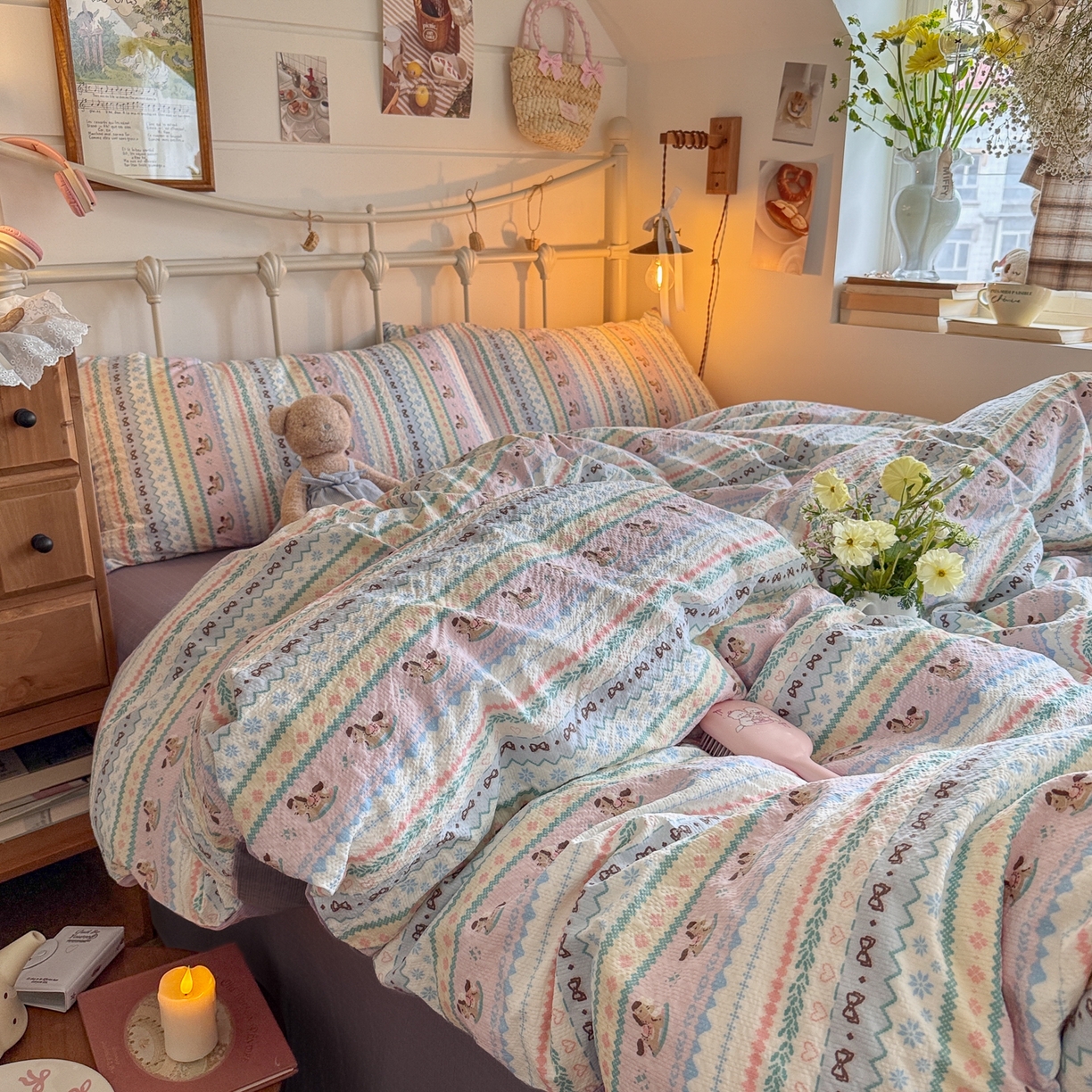 91家纺网 家纺一手货源 找家纺 初念 2026新款A类高品质110克超柔泡芙纱四件套 甜心木马卷