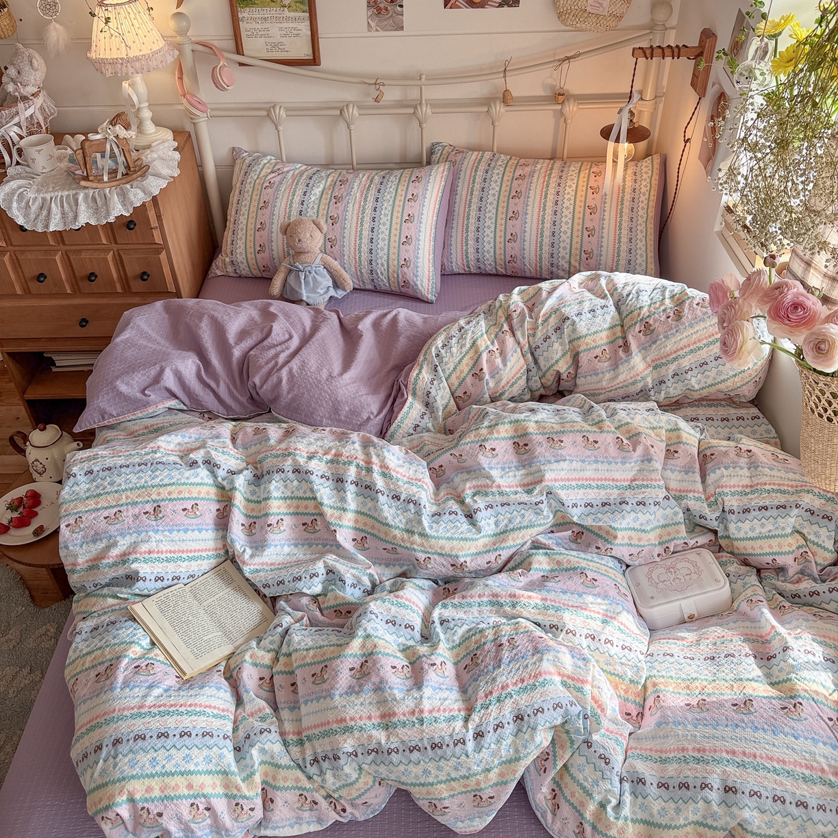 91家纺网 家纺一手货源 找家纺 初念 2026新款A类高品质110克超柔泡芙纱四件套 甜心木马卷