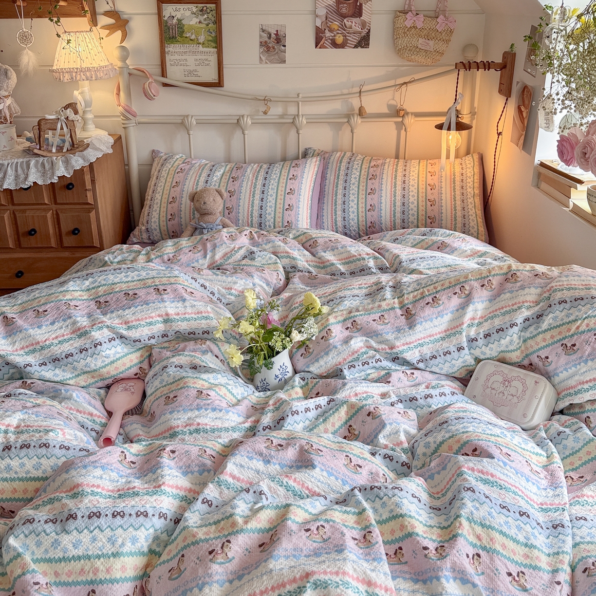 91家纺网 家纺一手货源 找家纺 初念 2026新款A类高品质110克超柔泡芙纱四件套 甜心木马卷