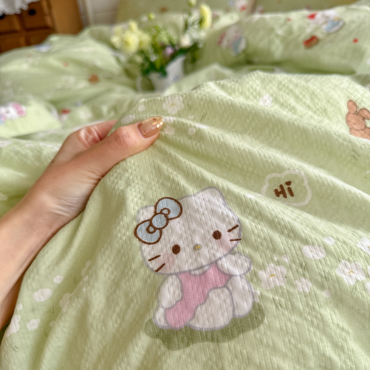 91家纺网 家纺一手货源 找家纺 初念 2026新款A类高品质110克超柔泡芙纱四件套 小猫拉车