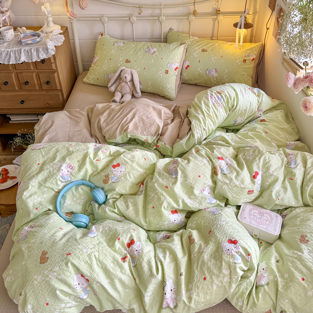 91家纺网 家纺一手货源 找家纺 初念 2026新款A类高品质110克超柔泡芙纱四件套 小猫拉车