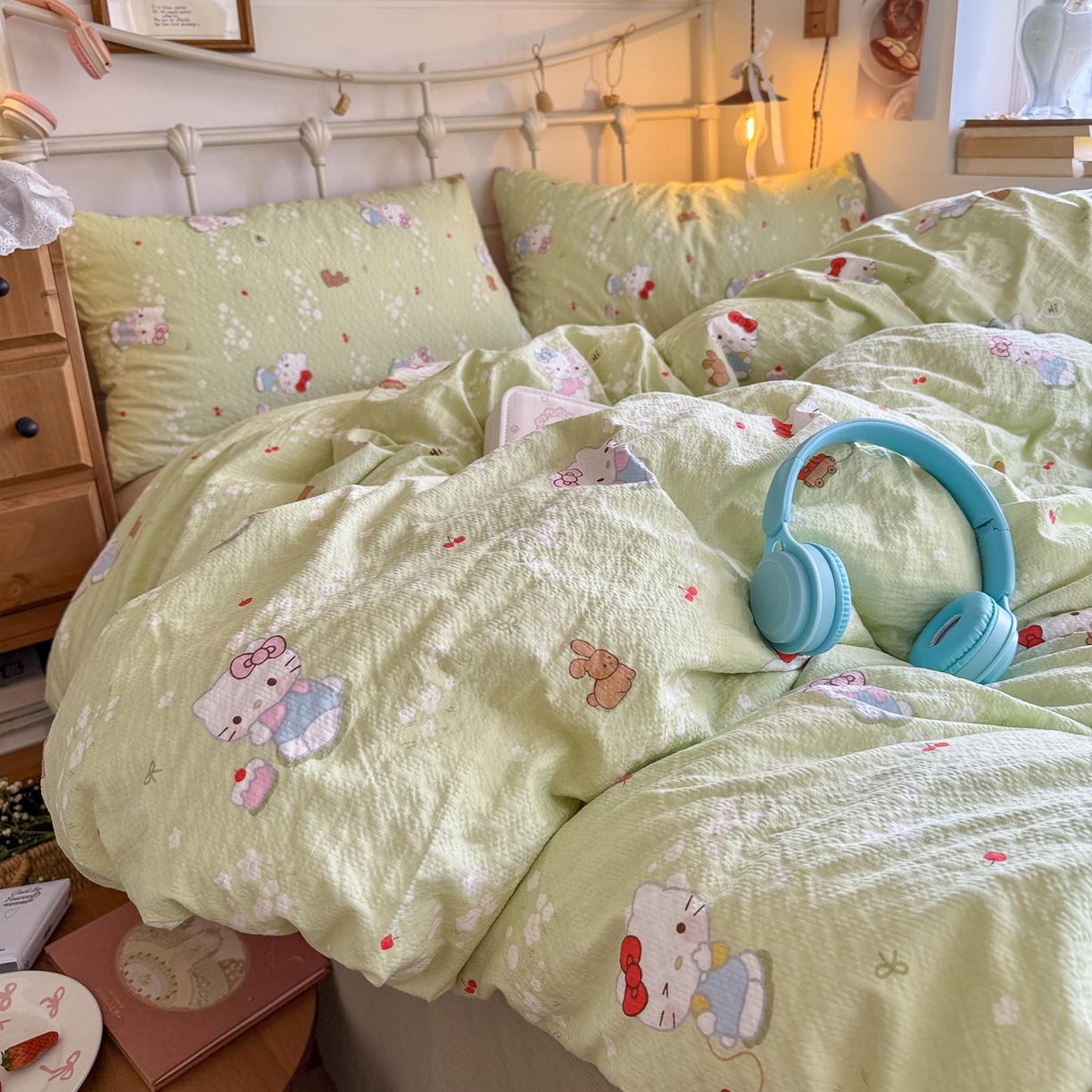 91家纺网 家纺一手货源 找家纺 初念 2026新款A类高品质110克超柔泡芙纱四件套 小猫拉车