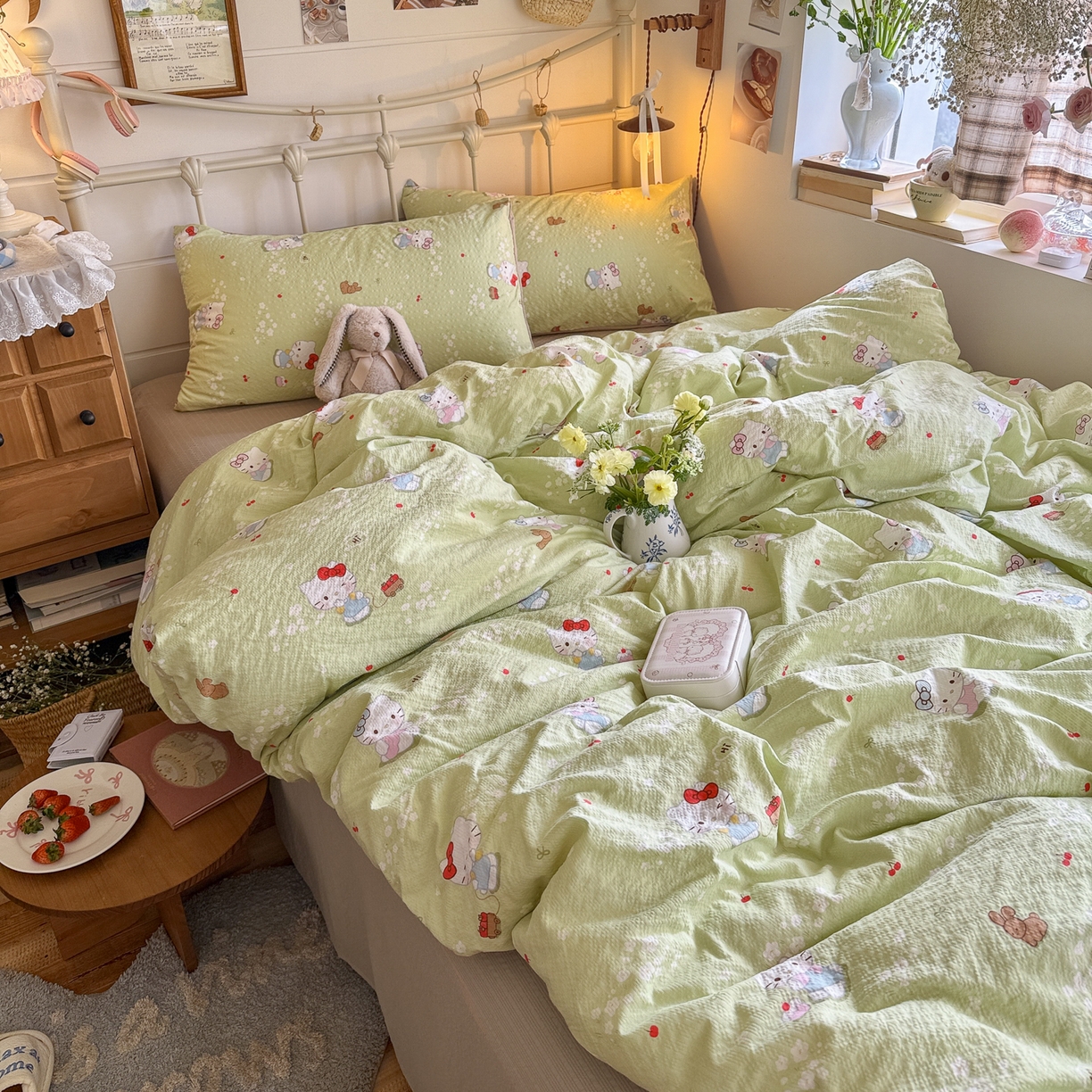 91家纺网 家纺一手货源 找家纺 初念 2026新款A类高品质110克超柔泡芙纱四件套 小猫拉车