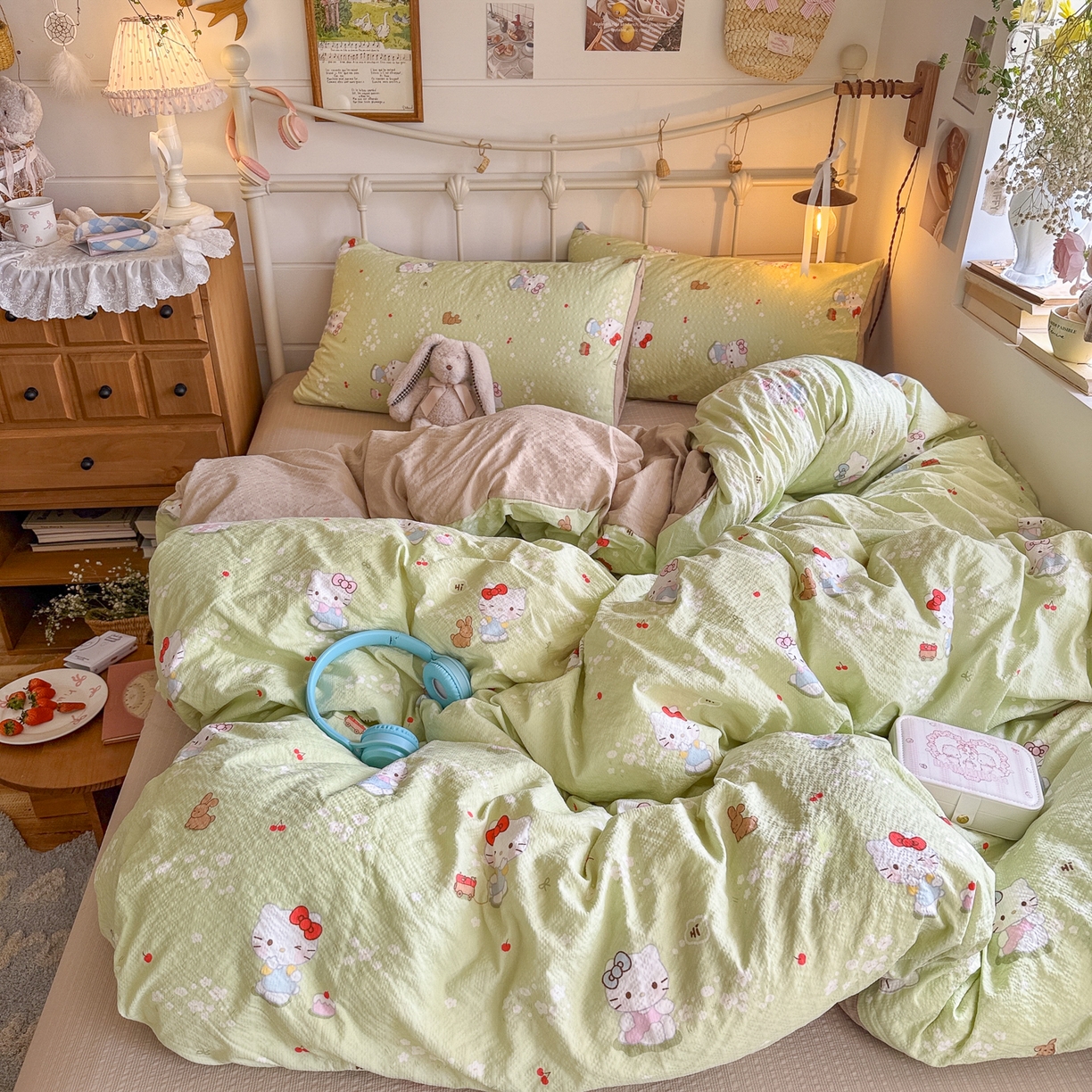 91家纺网 家纺一手货源 找家纺 初念 2026新款A类高品质110克超柔泡芙纱四件套 小猫拉车