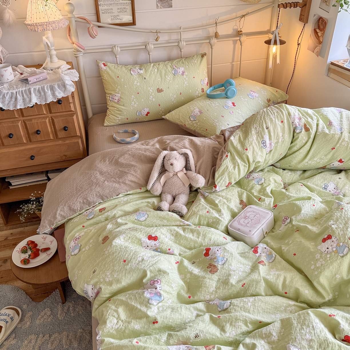 91家纺网 家纺一手货源 找家纺 初念 2026新款A类高品质110克超柔泡芙纱四件套 小猫拉车