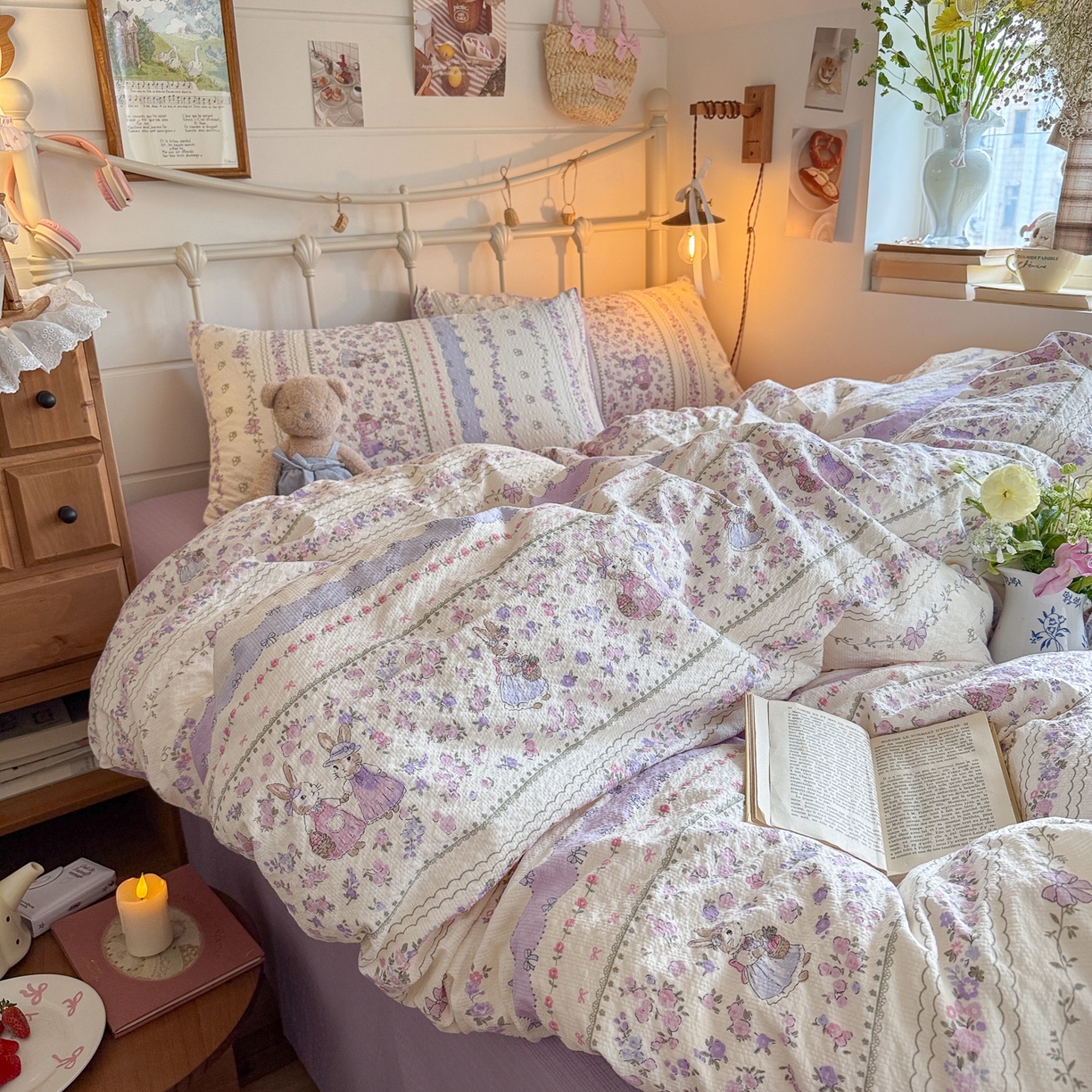 91家纺网 家纺一手货源 找家纺 初念 2026新款A类高品质110克超柔泡芙纱四件套 小兔裙边