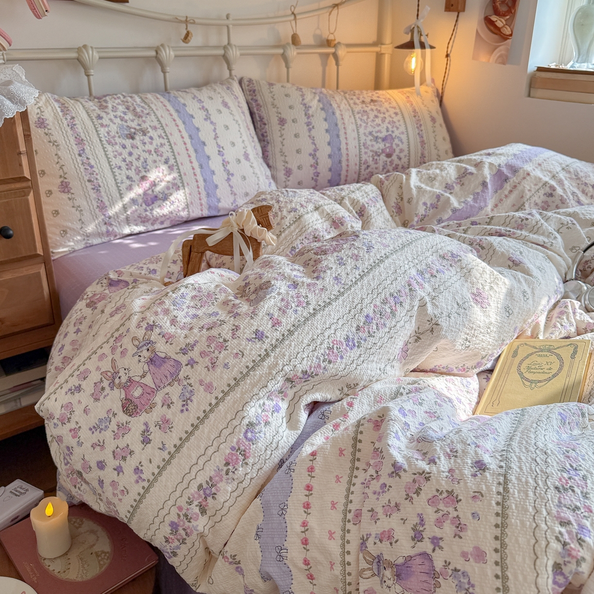 91家纺网 家纺一手货源 找家纺 初念 2026新款A类高品质110克超柔泡芙纱四件套 小兔裙边