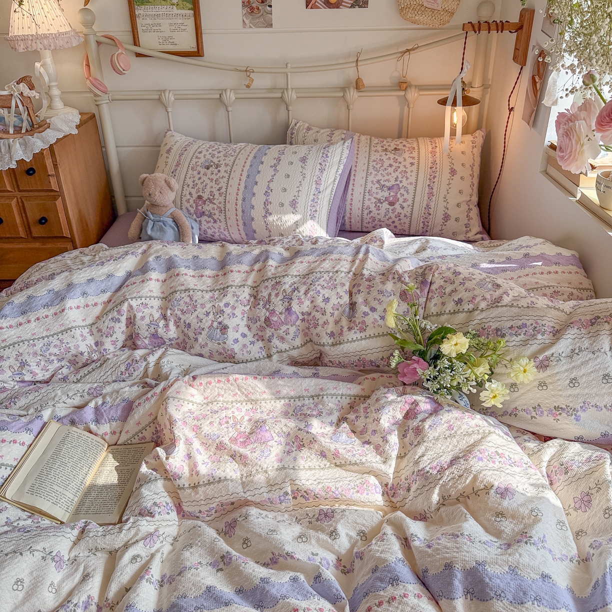 91家纺网 家纺一手货源 找家纺 初念 2026新款A类高品质110克超柔泡芙纱四件套 小兔裙边