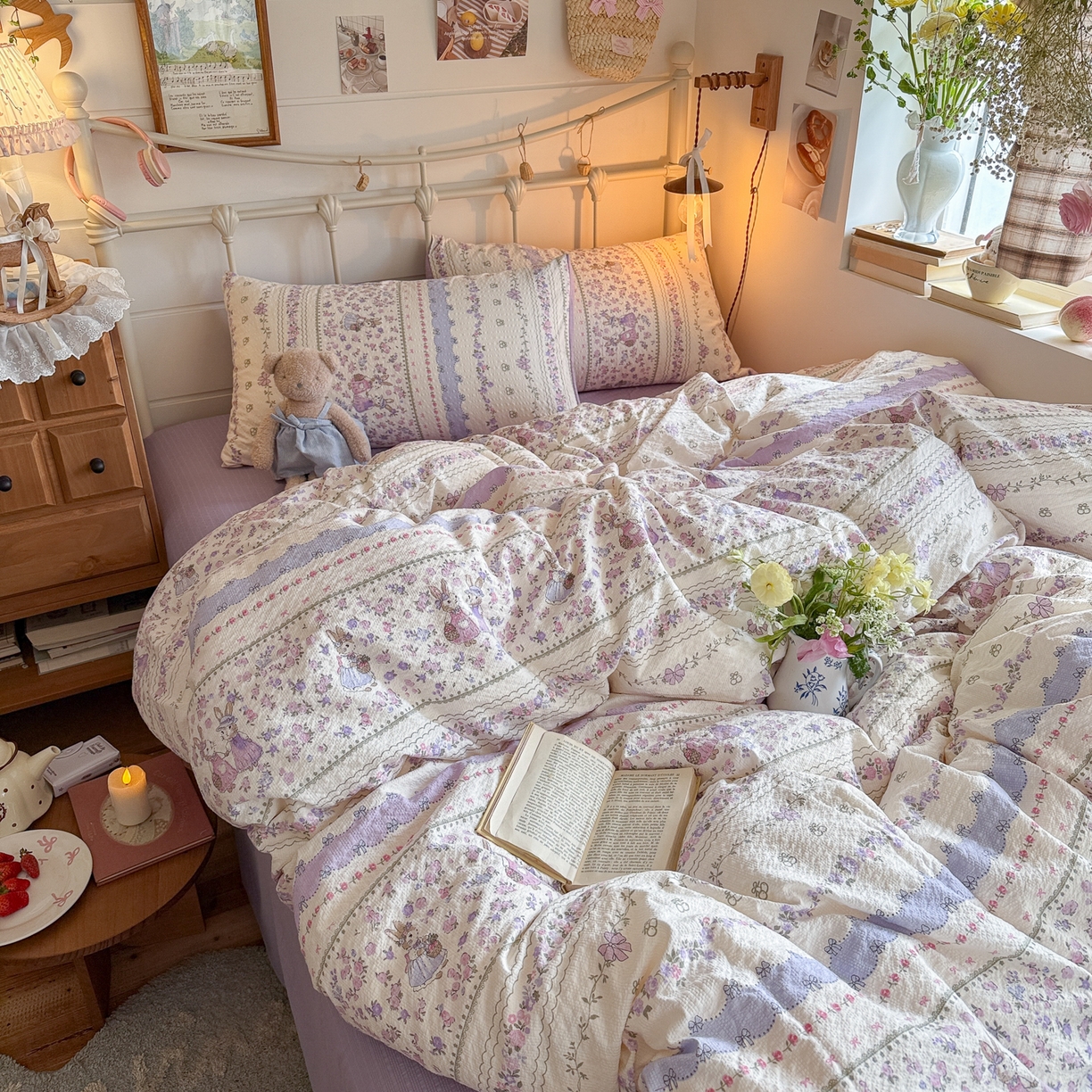 91家纺网 家纺一手货源 找家纺 初念 2026新款A类高品质110克超柔泡芙纱四件套 小兔裙边