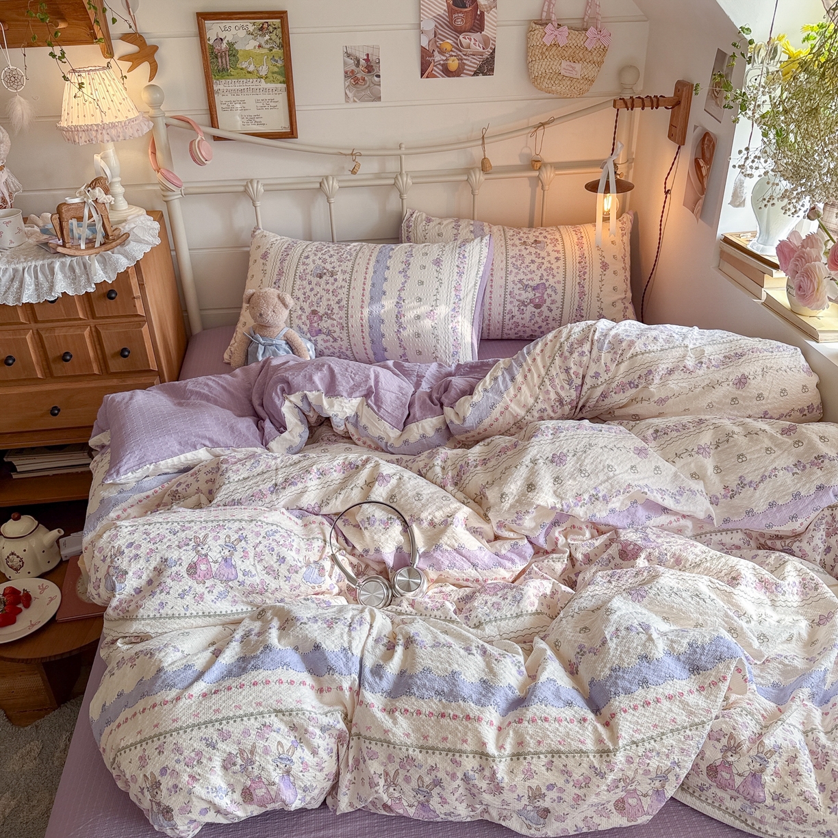 91家纺网 家纺一手货源 找家纺 初念 2026新款A类高品质110克超柔泡芙纱四件套 小兔裙边